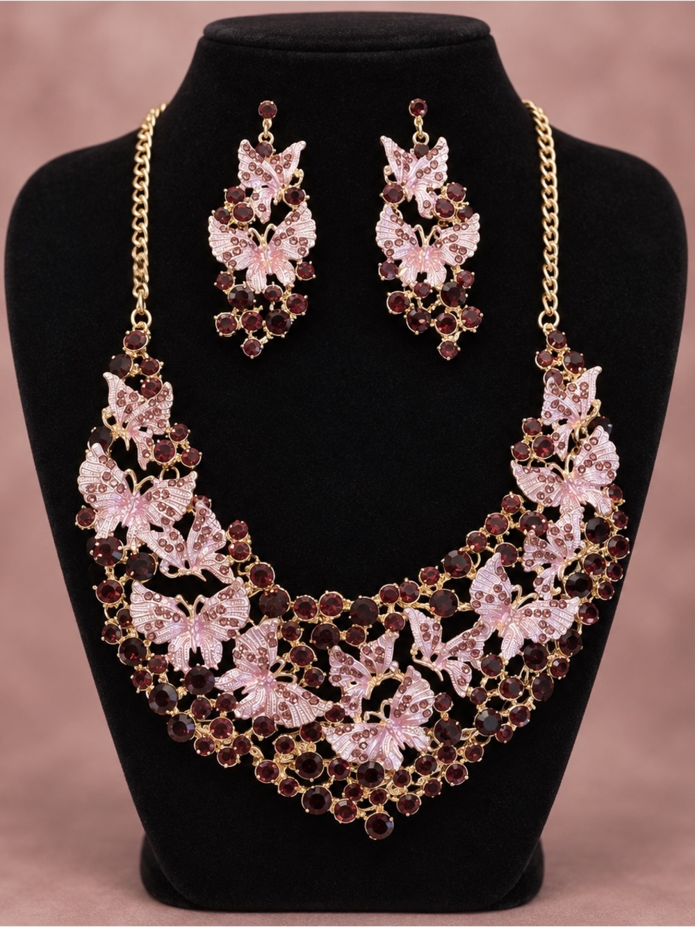 Blush Pink Butterfly & Burgundy Crystal 3D Statement Necklace Earrings Set